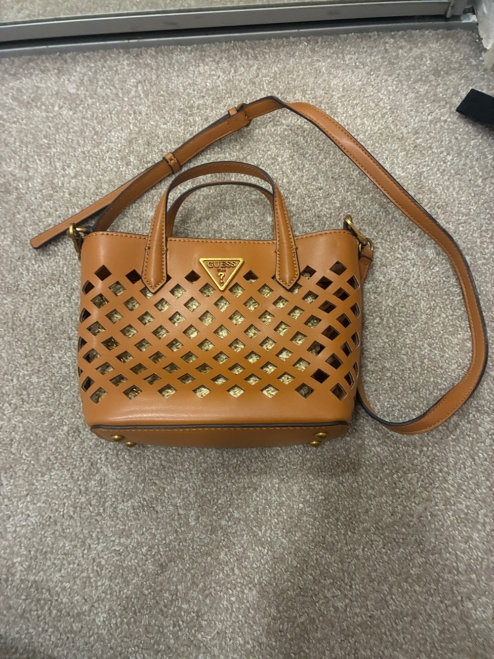 GUESS Tan Laser-Cut Crossbody with Gold Underlay